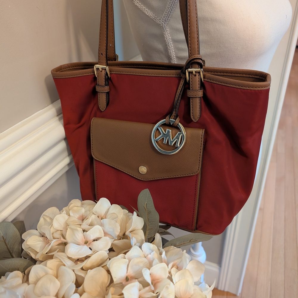 MICHAEL Michael Kors Red and Brown Tote with Signature MK Charm - Picture 2 of 6